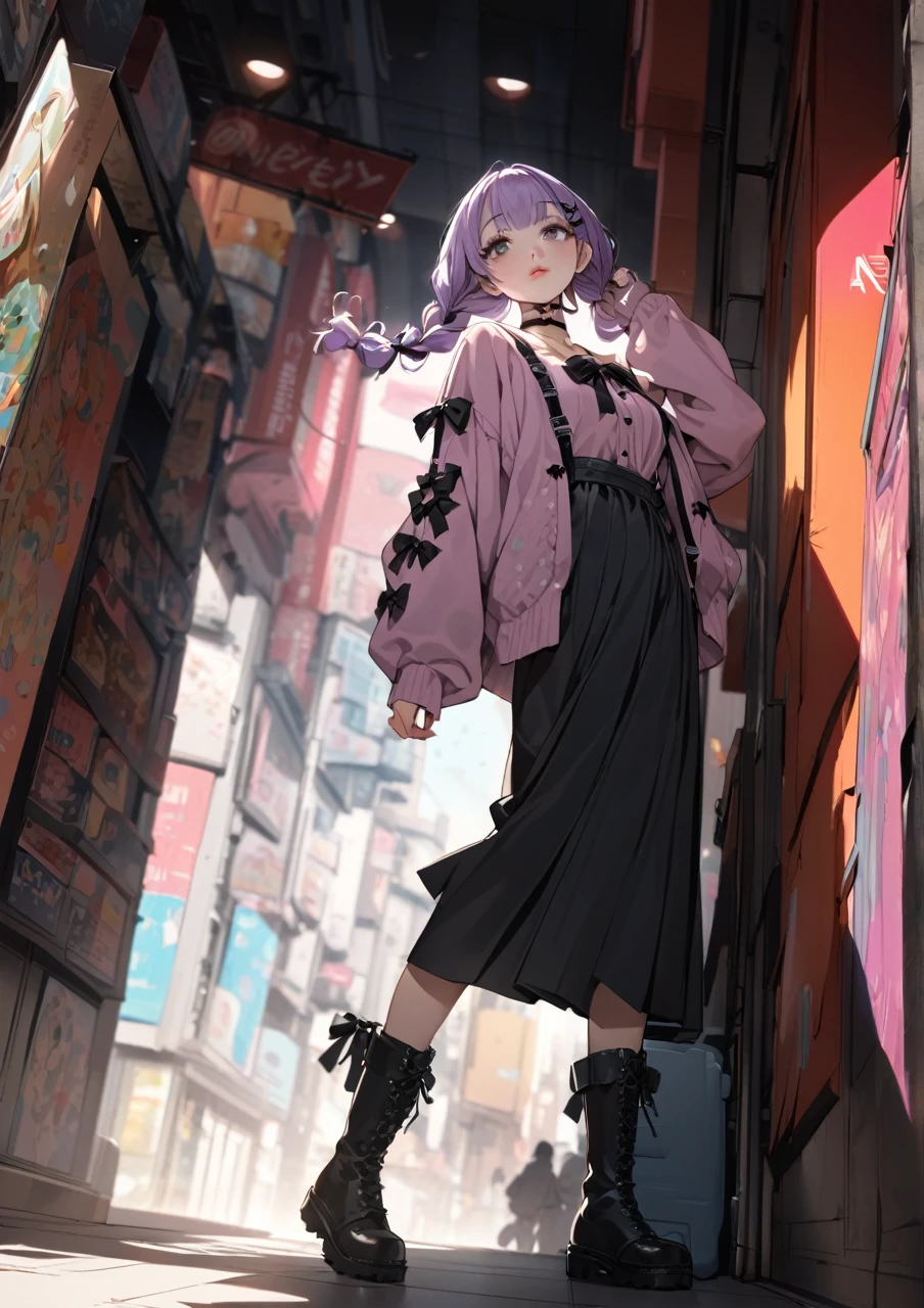 masterpiece, ultra detailed, 8K, solid blue Skyscrapers background, full body shot, Angle looking up from below.happy, a girl, kawaii, light atmosphere, mysterious atmosphere, (Cute a girl:1.5), (a girl with closs hair pin,pale purple hair,wavy two braids,bluntbangs hair,green and black eyes,
pink shirt,cosplay, jirai kei, bangs, black skirt, black bow, looking at viewer, bow, long sleeves, choker, ribbon,pink lips,Thick-soled boots,fullbody shot :1.4),boots focus,
(masterpiece:1.3), anime visual, (Lovey-dovey:1.5), (tilt head:1.3), extremely delicate face, soft clean focus, realistic lighting and shading, (an extremely delicate and beautiful art:1.3), elegant, (muted colors:1.1), small breast,slim,Sitting on a carry-on bag in Akihabara's pedestrian mall,morning lit,