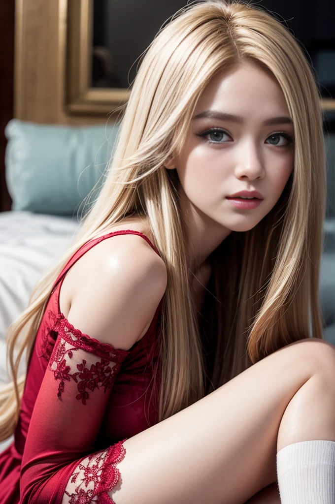 （detailedeyes,long eyelashes,Bright and colorful iris,expressive eyebrows,Blend the eyeshadow perfectly,Eyes shine,Reflective eyeballs），（Blonde 1。3 Lots of hair1。3 Delicate hair 1。2）,（Light socks with floral motifs：1.4，）,Red open sexy lace dress，close-up