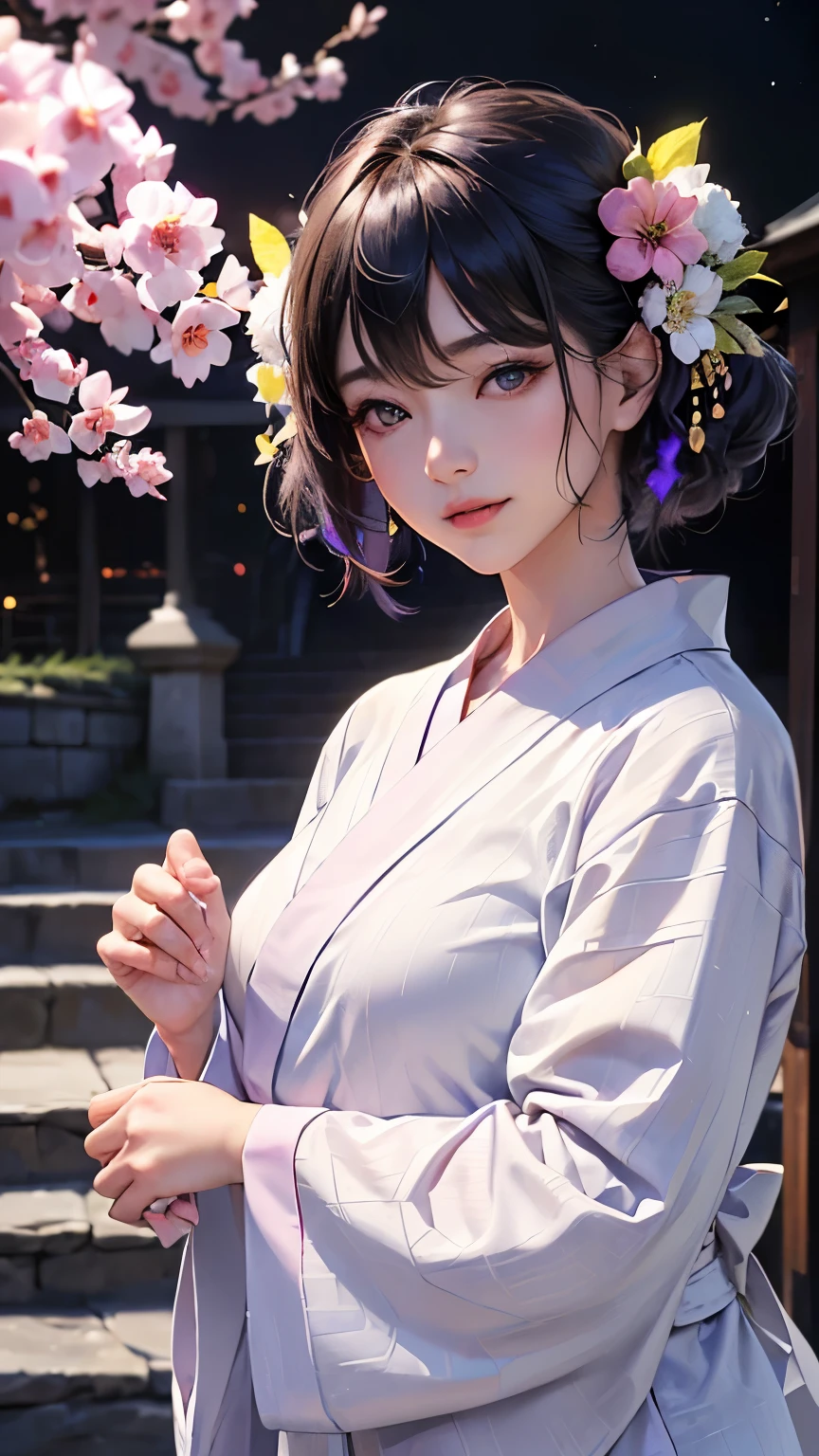 (logo、masterpiece、8K、Tabletop、RAW Photos、wonderful、最high quality、フォトリアリスティックでVery detailedな CG 複合 8K 壁紙、high quality、Very detailed、Narrative poem、Particle Effects、Dynamic Effects、Depth of the Boundary、Cinematic Light、Lens flare、Ray Tracing)、 (One beautiful woman wearing a yukata、White yukata、Light purple pattern)、Black-haired、High definition skin、Very fine、Fine skin texture、Beautiful Face、True Face、Beautiful details in the eyes、Realistic eyes、Beautifully detailed eyes、Realistic Skin、Beautiful Skin、Surreal、Smiling Eyes、Hair and light eyes、vivid、Colorful lights and bokeh、plump lower lip、Pink Lips、Hair flutters in Wind、Hair bounces、wonderful景色、night、evening、Wind、moonlight、moonlight、light