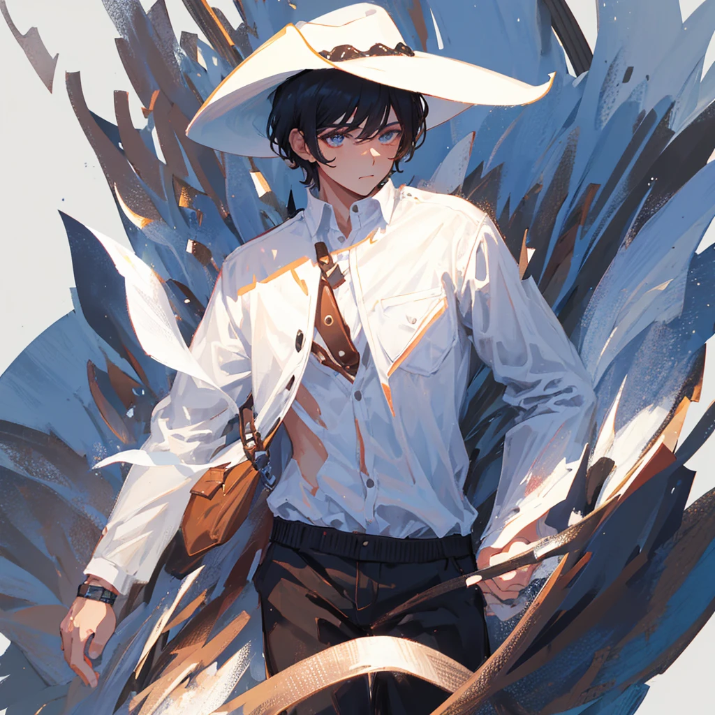 male,Wearing a white shirt,Black short hair,Wearing a brown cowboy hat,Handsome,Cold,((Pure white background))