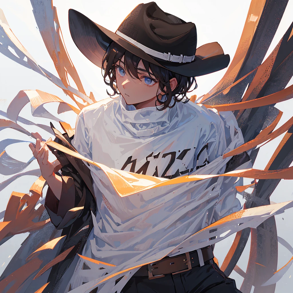 male,Wearing a white shirt,Black short hair,Wearing a brown cowboy hat,Handsome,Cold,((Pure white background))