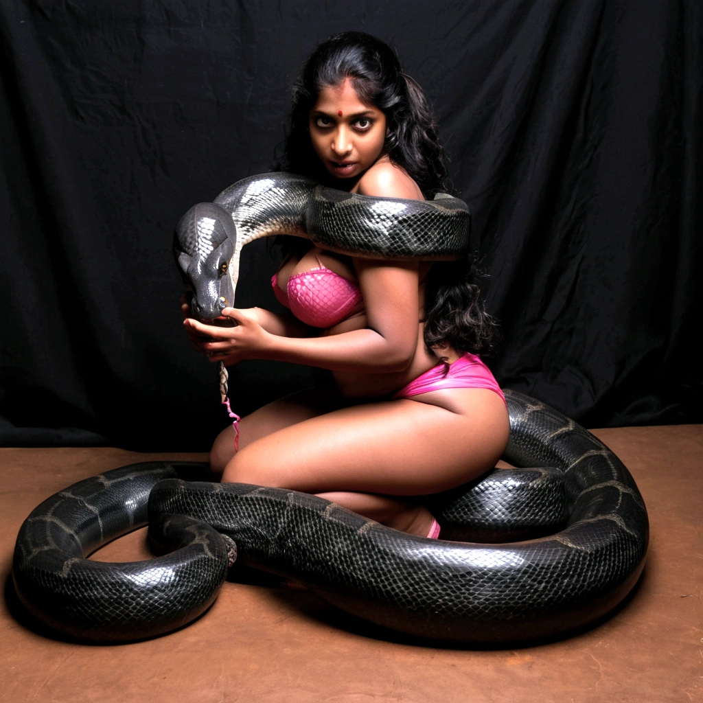Topless Pink g-string Happy Horny, aroused 1girl), beautiful kneeling indian girl with giant colossal black anaconda monster squeezing her hard, wrapped in thick spiraling coils, constricted, struggle, gasping for air, snake attack, snake peril, moonless night, dim light