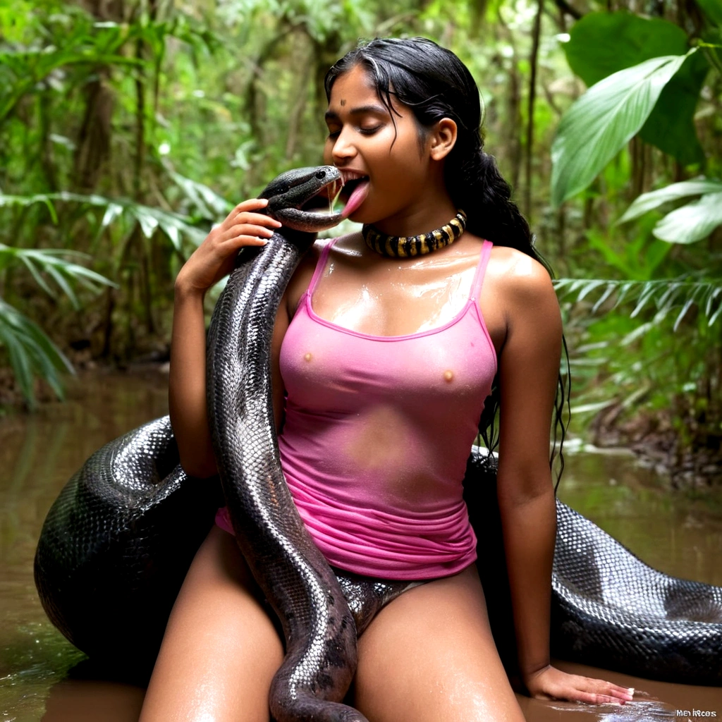  Topless Top quality, masterpiece, super high resolution, real photo, raw photo, cute, beautiful young indian  girl, happy expression, joy, glossy skin, dramatic lighting, full body, full body wet, dirty pink tank top, sheer with thin fabric, pink shirt dirty with mud, beautiful breasts, beautiful ass, butt sticking out, creepy, in the dark jungle, waterside, black large titanboa , slim, long limbs, slimy, slim Sleeping on large titanboa a large giant black titanboa wrapped around her neck, a large titanboa wrapped around her body, a titanboa’s head from between her crotches, a titanboa  and a titan’s intertwining their tongues and kissing, a girl hugging giant titanbo a girl and a large titanboa staring at each other Many large anacondas horny aroused  tentacle sex large object penetration nsfw snake tongue kissing blowjob bestiality