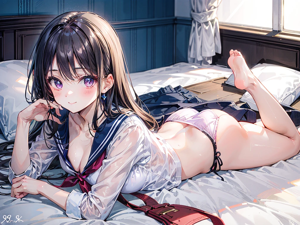 (Best quality, 8k, 32k, Masterpiece, UHD,:1.2),RAW, human, 1girl,ultra cute , ultra cute, natural lighting,transparent shining eyes, 20yo, small breast ,femur, fair complexion , flushed face, sailor suit, lying on bed, on stomach, seductive, Lying on stomach, Cleavage Cutout, soft smiling, From Behind, show off panties