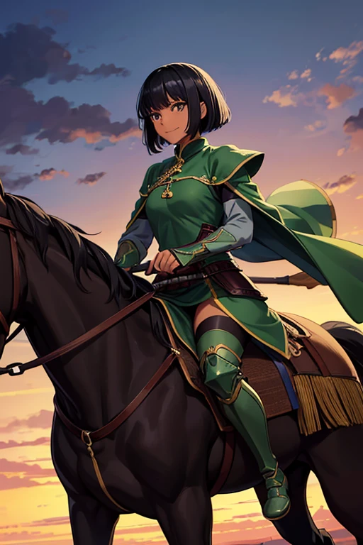 Anime Art、Full body portrait、Ancient Chinese cavalry、A dark-skinned woman of about 25 years old, around 150cm tall, wearing dark green clothing, riding a large horse and holding a long spear in her right hand.、A strong smile、Short medium hairstyle、Black Hair、Wearing armour on the lower half of the body