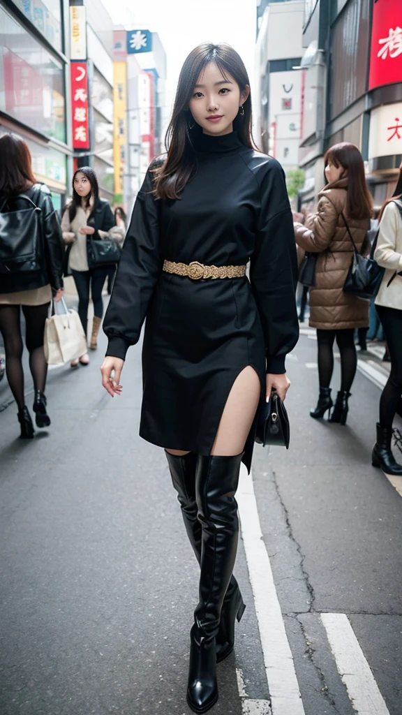 2 Taiwanese women,Female Model,Slim,Good shape,HD,one piece dress,Knee boots,blond,japan street