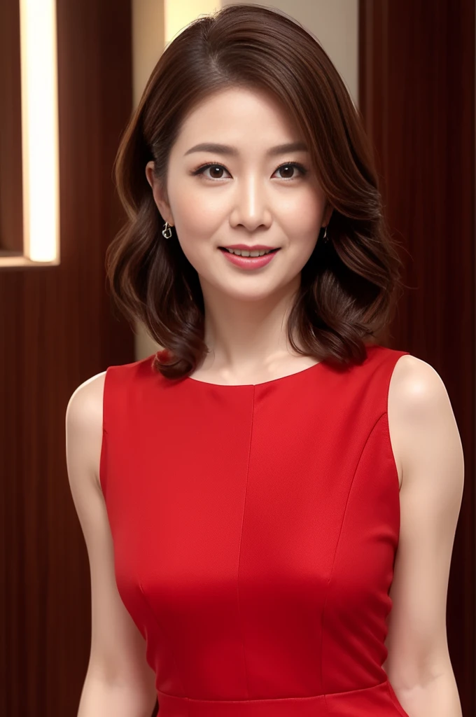 Giving a massage to a man、Highest quality、High resolution、Photorealistic、Raw photo、8k wallpaper、perfection、Professional Lighting、Very detailed、Depth of written boundary、Light solid color background、((Japanese mature woman in her 50s))、Chubby figure、Sexy Woman、Detailed face、Beautiful Eyes、bangs、Big and ample breasts、Vermilion half-up hairstyle、Faint lips、((I am very surprised、Surprised face、Mouth open in surprise))、Business Wear、Legs outside frame、Looking at the viewer、((Stylish red dress))