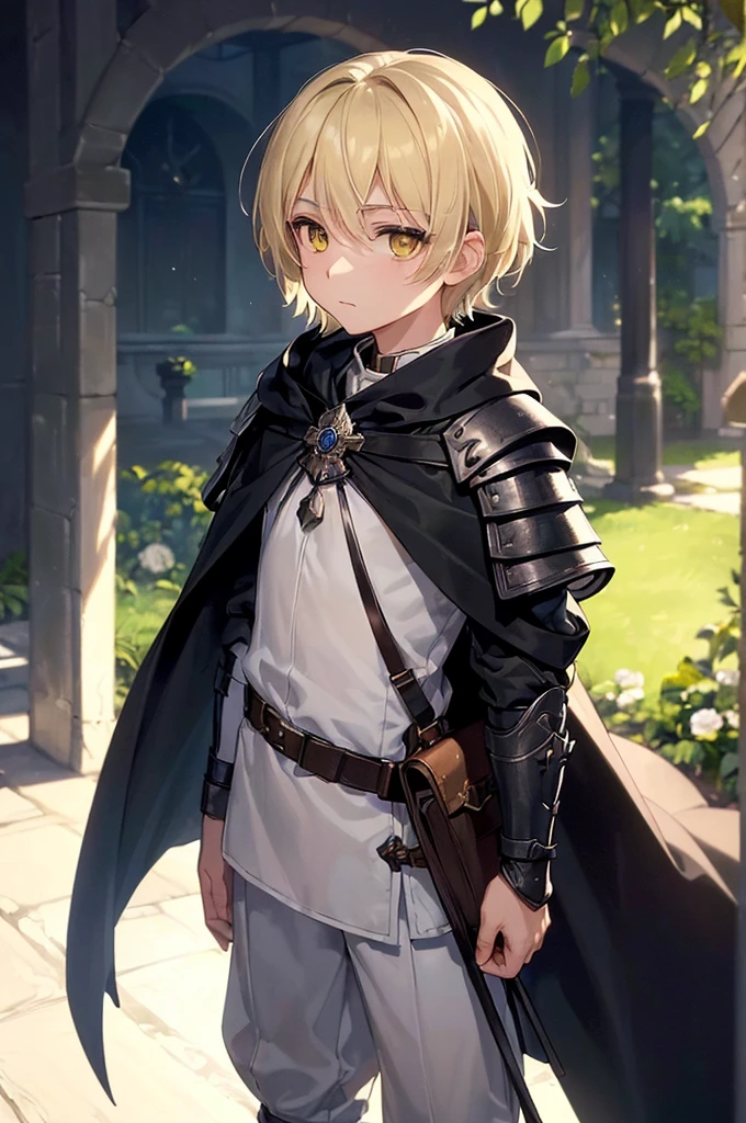 (masterpiece; best quality: 1.2), (finely detailed eyes: 1.3), ((10 year old male ???)), ((solo)), (yellow eyes: 1.4), (body; short, slender: 1.3), (short white hair: 1.3), (beautiful and clear background: 1.2), ((depth of field)), (clothes: traveler dark spellblade attire + hard leather armor + black cloak + pouches and satchel: 1.3), (anime illustration: 1.2), (background; garden exterior: 1.1), (extremely fine and handsome: 1.1), (shot composition; standing + centered on torso + close-up: 1.5), (expression; calm, stoic: 1.2)