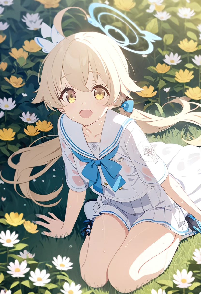 1 girl, masterpiece, best quality, Amazing, beautiful detailed eyes, finely detailed, depth of field, extremely detailed CG unity 8k wallpaper, full body, Ajitani Hifumi (Blue Archive), halo, sitting, sailor collar, smile, blonde hair, twintails, long hair, low twintails, hair bow, sideblocks, wing hair ornament, hair between eyes, yellow eyes, open mouth, flower field, wet clothes, 