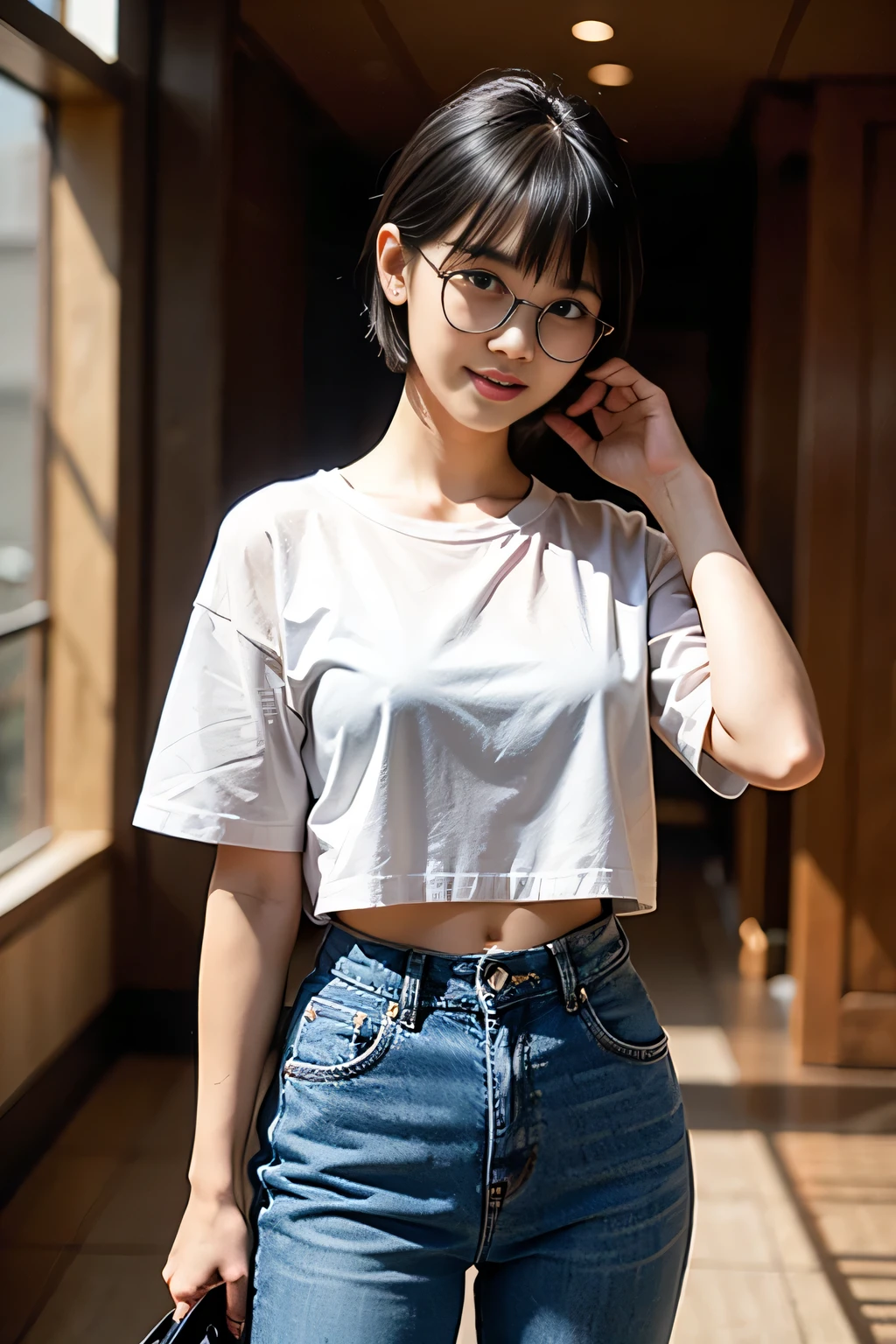 medium shot, ((white T-shirt and blue denim jeans)), japanese lady, pale skin, droopy eyes, 21 year old,(Black short bowl cut hair with blunt bangs:1.3),((standing)), high quality:1.3, shoot from below,Professional lighting:2.0 realistic:1.2,(cinematic lighting), 4k resolution, detailed skin, masterpiece:1.1, ((heyapanel)), (lovehotel), reception, scenery, japan,(smile:1.3),night, (Entrance of lovehotel),(Black cell frame glasses:1.3),