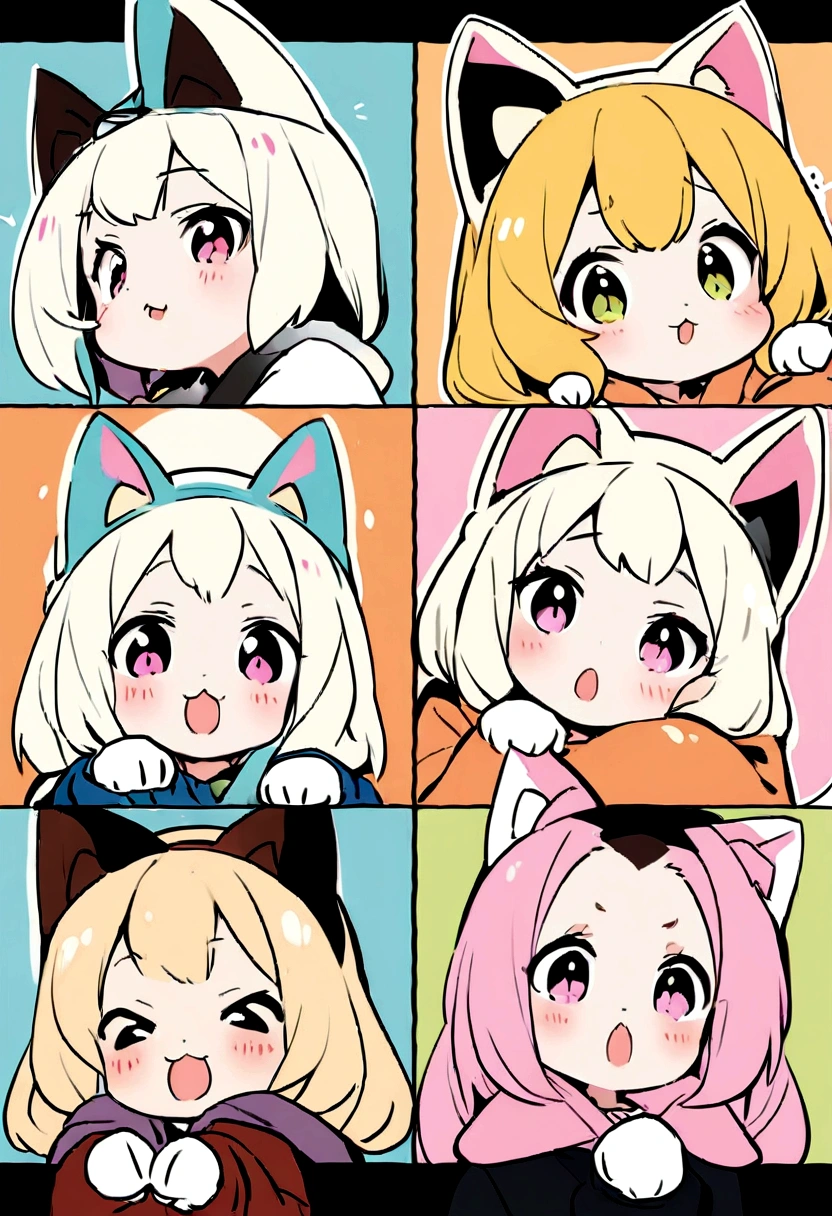 List of illustrations of cute cat poses, several side-by-side, cute colors and poses, best image quality