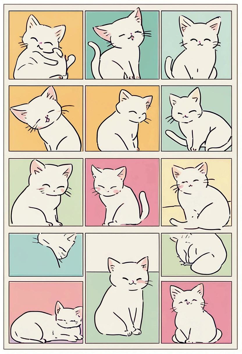 List of illustrations of cute cat poses, several side-by-side, cute colors and poses, best image quality