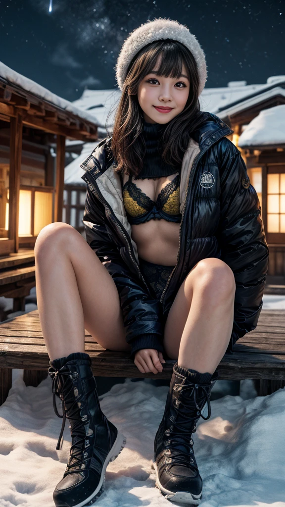 nsfw、(((Night view)))、((White Breath、Beautiful starry sky、In the mountains、smile、in the forest、winter、Cottage))、Sit in front of the bonfire、Outdoor、(((Front open black short down jacket)))、((Leg warmers))、((Trekking boots))、 table、((Big Breasts))、short hair、((blunt bangs))、High resolution、High resolution、In 8K、Real Live Action、RAW Photosgraphy、Highest quality、masterpiece、tableトップ、erotic,White skin,knees, Absurd,Small face、masterpiece,Highest quality、超High resolution,RAW Photos,only,One person, One personで,whole body、very nice、Japanese women,(Realistic:1.4)、Photon Mapping、Realistic、Beautiful woman、物理ベースのonlyダリング、Qianfang、Depth of field rally background、 Soft Nose, Sparkling eyes、Glossy Lips、((Spread your legs))、(((Detailed design of black lace yellow lingerie is visible:1.1)))、(((Ultra Small Panties)))