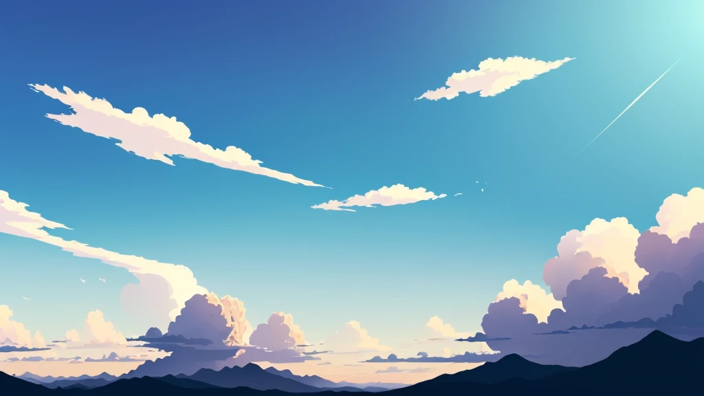Generate an illustration of the sky. The background should feature a clear blue sky with white clouds, and the weather should look very pleasant. The style should be natural, minimalistic, sci-fi, bright, and with natural colors.
