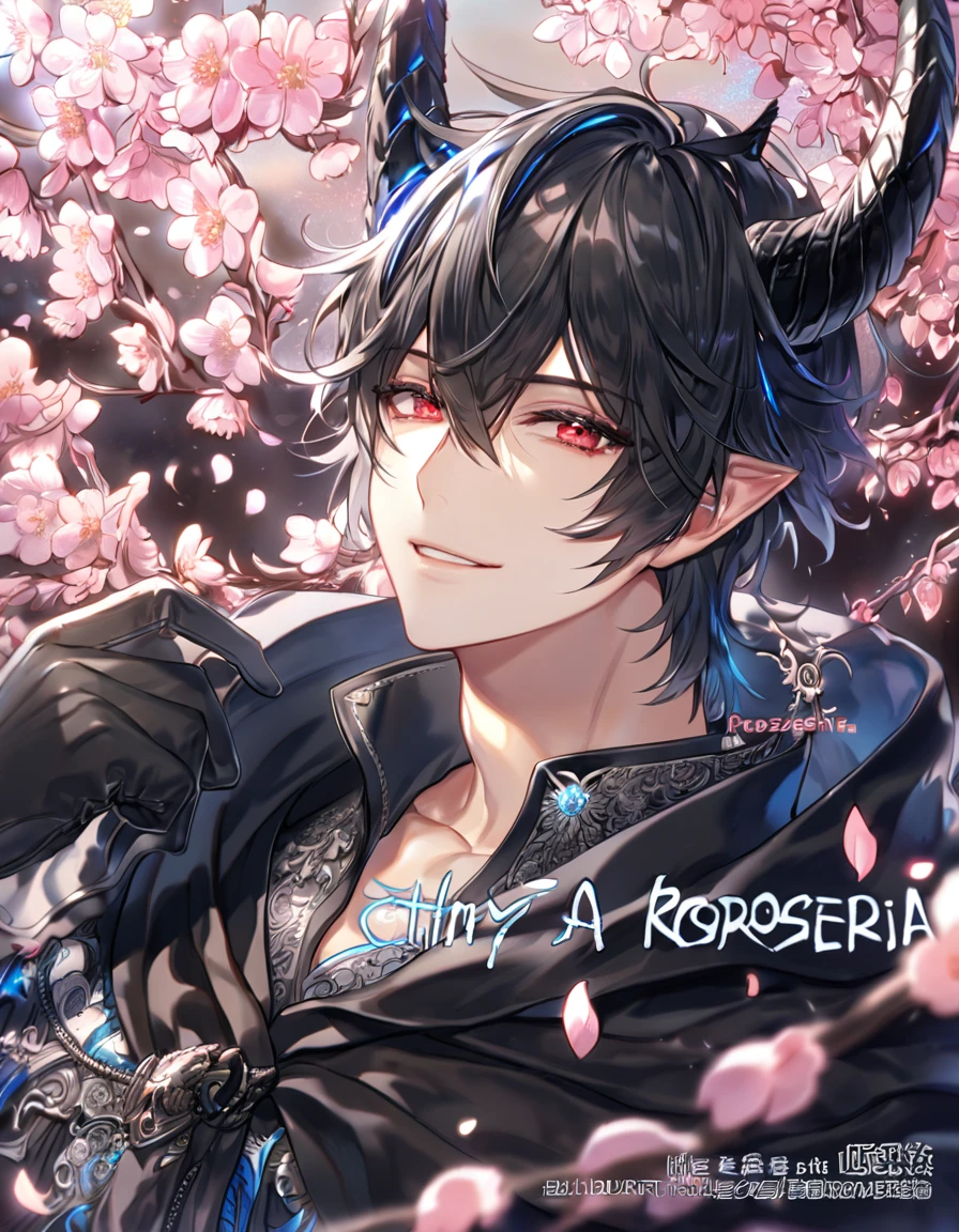 Ultra detailed, highres, absurdres, HDR, master piece, Krozseria, messy black hair, expressive red eyes, Demon Fantasy, pink petals, pink flowers, black cape, sexy man, solo, best quality, blossoms, blue shining fireflies, handsome smile, black horns, the word "Krozseria" is written on his shirt, fantasy, black horns, black gloves