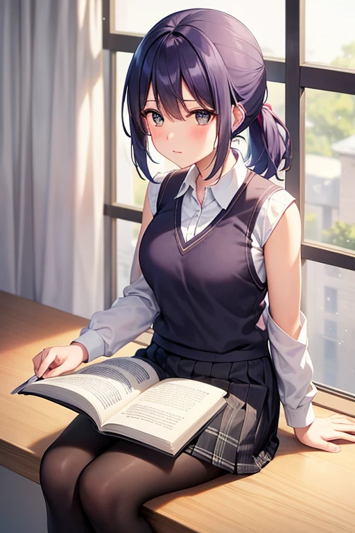 You can create an animated image of a girl. She is sitting with several other students at a desk near the window of a classroom on the first floor of a white school with a wooden floor in a Japanese city. On a cloudy day, the schoolyard is reflected in the snow-covered trees surrounding it (horizontal shot). The height is 162 cm, B40, W30, H80. She has medium length sapphire violet hair tied in a low ponytail, her eyes are sapphire brown, she has a respectful expression when she says something while she reads a blue cover book. She is wearing a white long-sleeved shirt, a cream-colored v-neck sleeveless vest sweater, a green plaid pleated skirt, white leggings and brown shoes.