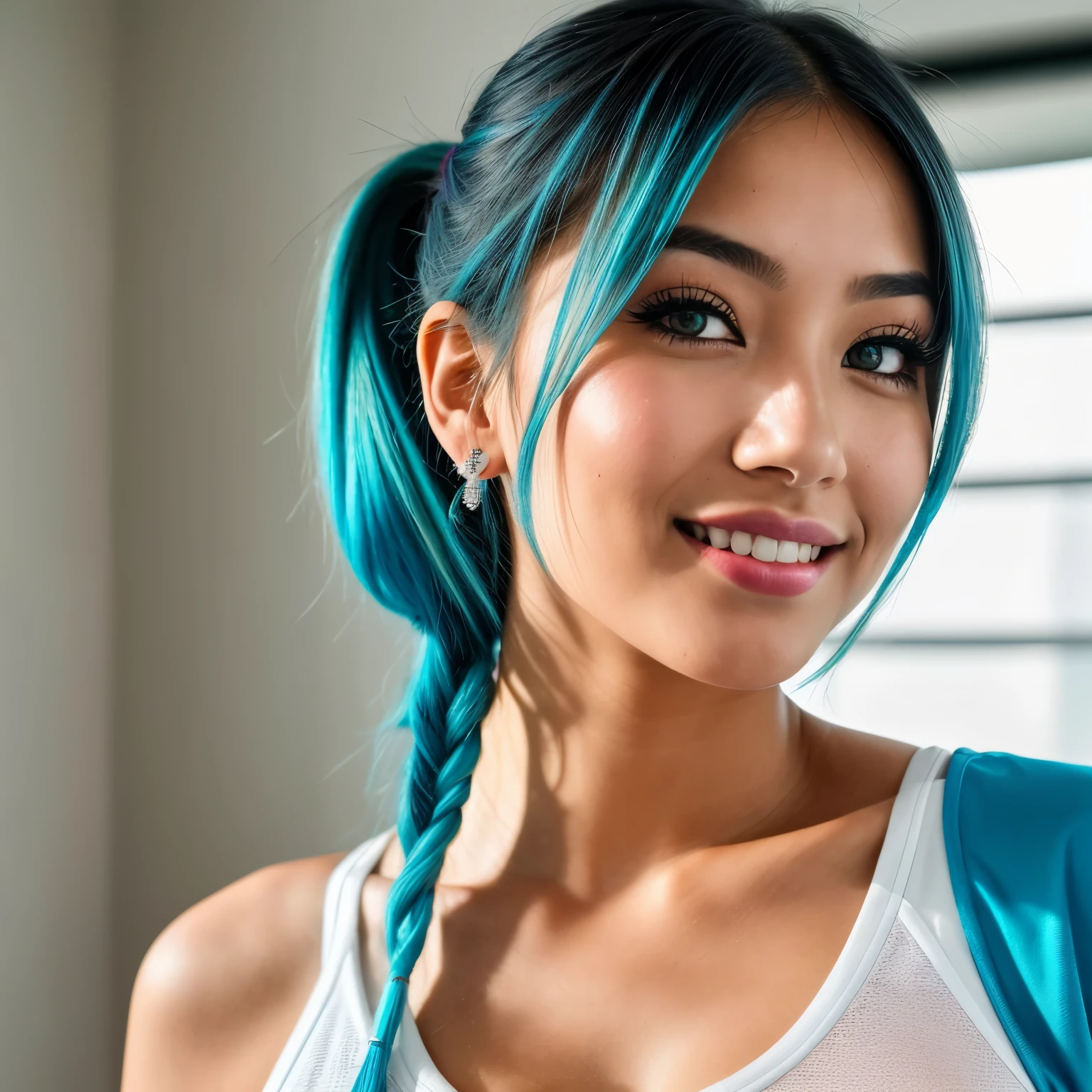 photo of (emikin:0.99), woman as a sexy TikTok influencer, cobalt hair, blue hair , teal hair , twintails, woman with Asian features, 24-year-old (green-eyed woman), She has a small elegant nose with a slight upward curve at the tip. Her lips are full and naturally pink with a well-defined Cupid's bow. Her teeth are straight and white enhancing her captivating smile. Her face has an oval shape with high cheekbones that add to her model-like appearance. happy, wearing activewear, (extremely detailed CG unity 8k wallpaper), photo of the most beautiful artwork in the world, professional majestic (photography by Steve McCurry), 8k uhd, dslr, soft lighting, high quality, film grain, Fujifilm XT3 sharp focus, f 5.6, High Detail, Sharp focus, dramatic, Cleavage showing , (looking at viewer:1.0), (detailed pupils:1.3), (natural light), (seductive)