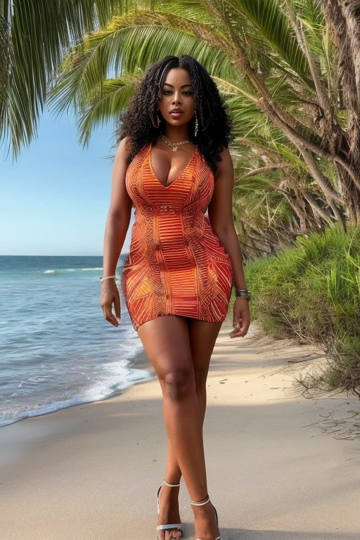 Full body photo of an African American MILF with tousled hair, in a beach, beautiful sleeveless dress, deep neckline, sexy legs, sexy african american woman queen of instagram, 🤬 🤮 💕