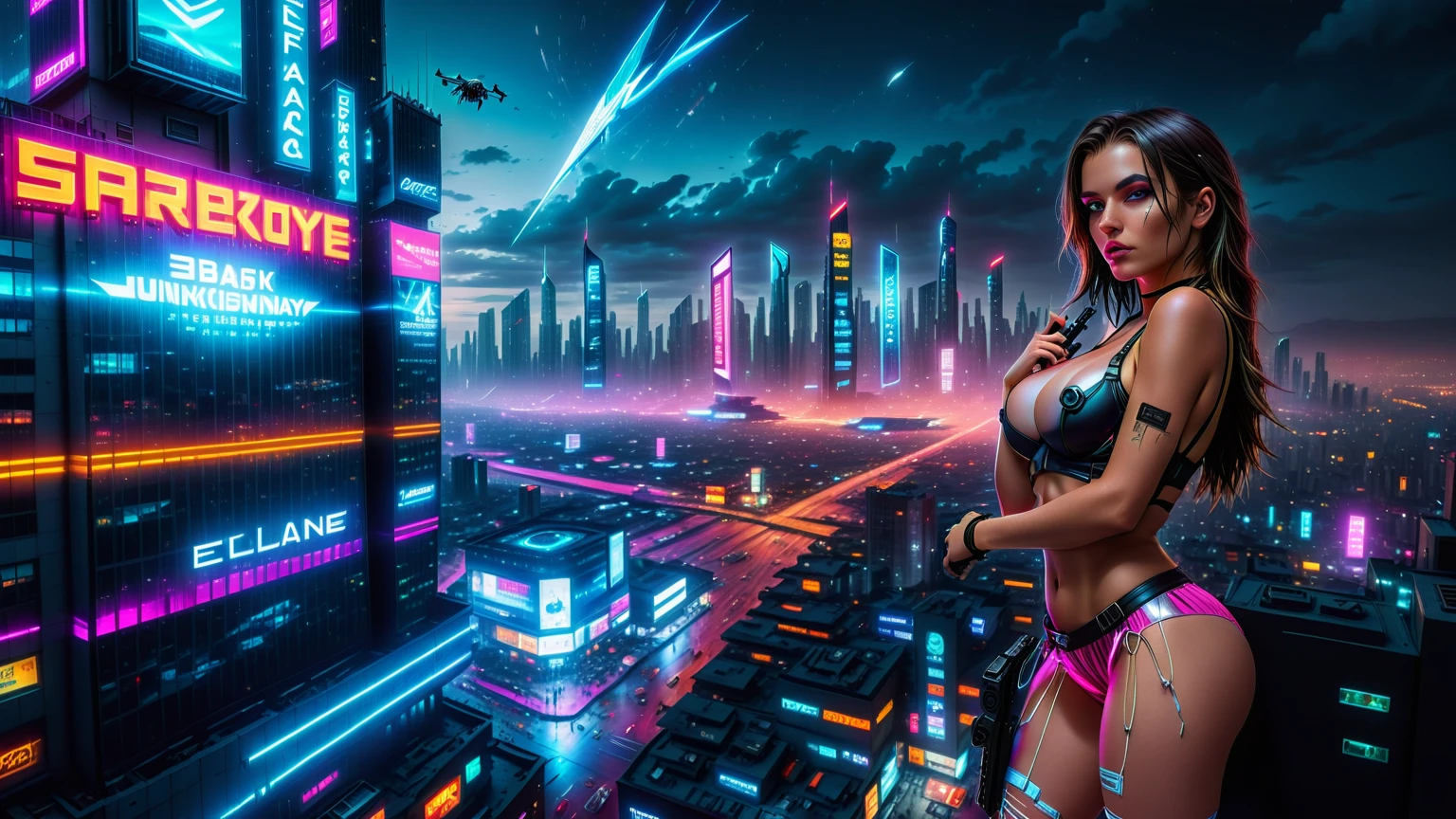 (((aerial view))) image of a cyberpunk cityscape, all-glass towering skyscrapers, neon lights and holographic billboards, futuristic, high-tech and grunge elements, 1drone. at night, (((1girl, solo))), photo realistic, (large-breast slim body, cleavage), (((full bra top, extreamly short pleated (((miniskirt))) exposing panty))), (((((aiming at camera with a (short gun), (looking at camera)))))), (((((half-body (thigh level) medium shot))))), (cinematic lighting).