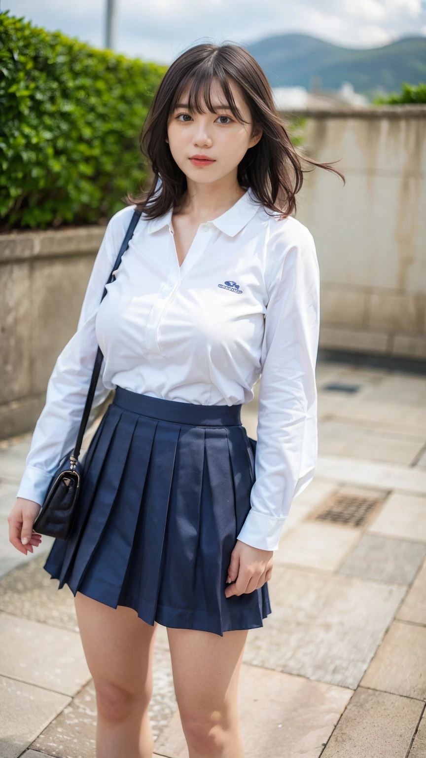 ((Viewing angle from below:1.52、Highest quality、masterpiece、32k、Every detail))、(((A strong wind blows up her hair and skirt:1.62)))、Descend the outdoor stairs、commute、Systemic symptoms、Traditional navy blue sailor uniform、White blouse、(((Mini Pleated Skirt, No underwear:1.22)))、(( I always wear the strap of my bag across my body..:1.22))、One Girl, alone、((((Big Breasts:1.24、barefoot, High heels))))