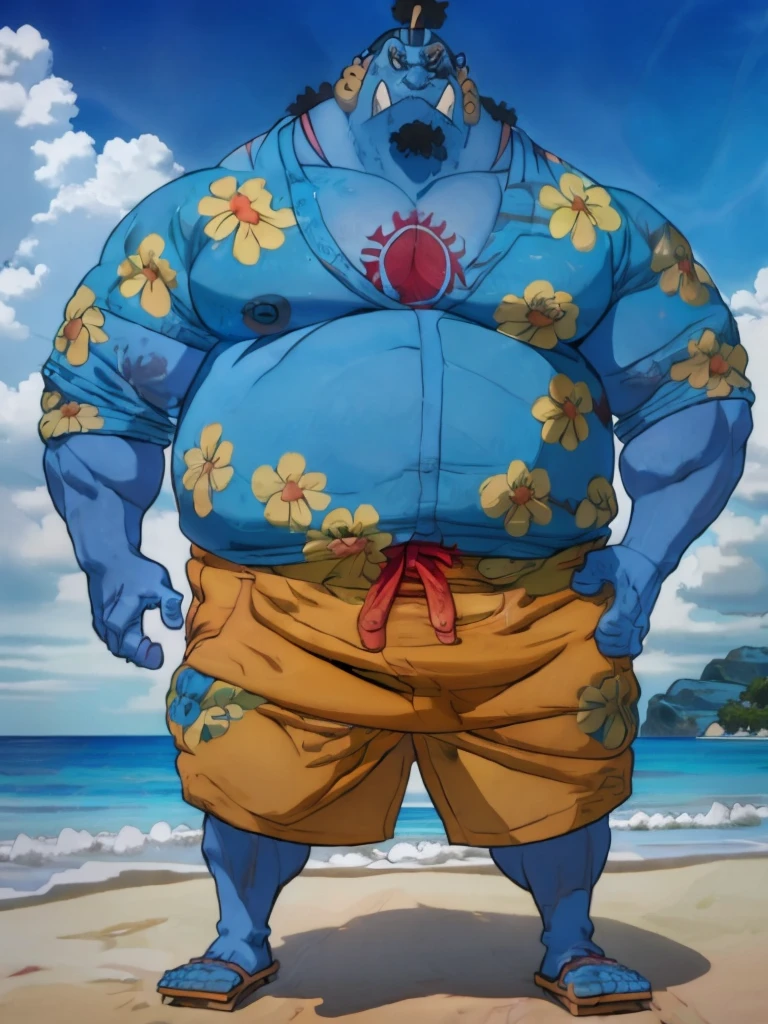 Fat man (Jinbei) standing in beach, Blue skin, full, Chest tattoo, beach, palm, Practical, 8K, masterpiece, Naked