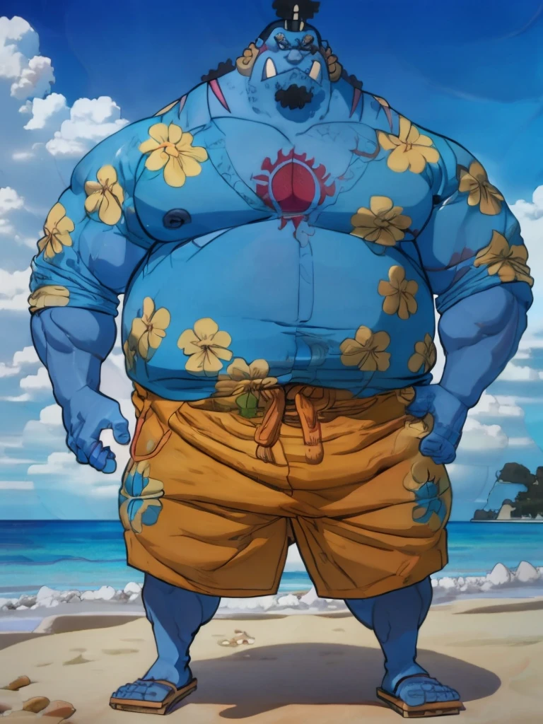 Fat man (Jinbei) standing in beach, Blue skin, full, Chest tattoo, beach, palm, Practical, 8K, masterpiece, Naked