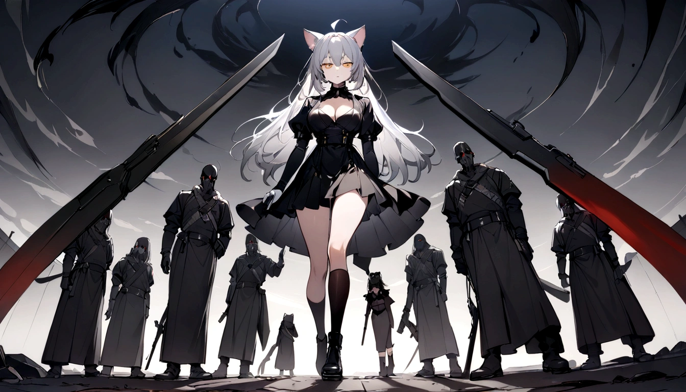 Dynamic Angles、Raising the German flag、Suspicious Gathering、Surrounded by enemies、(masterpiece, best quality:1.2), 1girl, 独奏、Gray cat ears、Grey long hair、Ahoge、Yellow Eyes、Gray cat ears、Background of military bases、Fisheye Lens、battlefield、Shadows of light and darkness、Expressionless、Grim face、battle、Black knee socks、Cleavage、