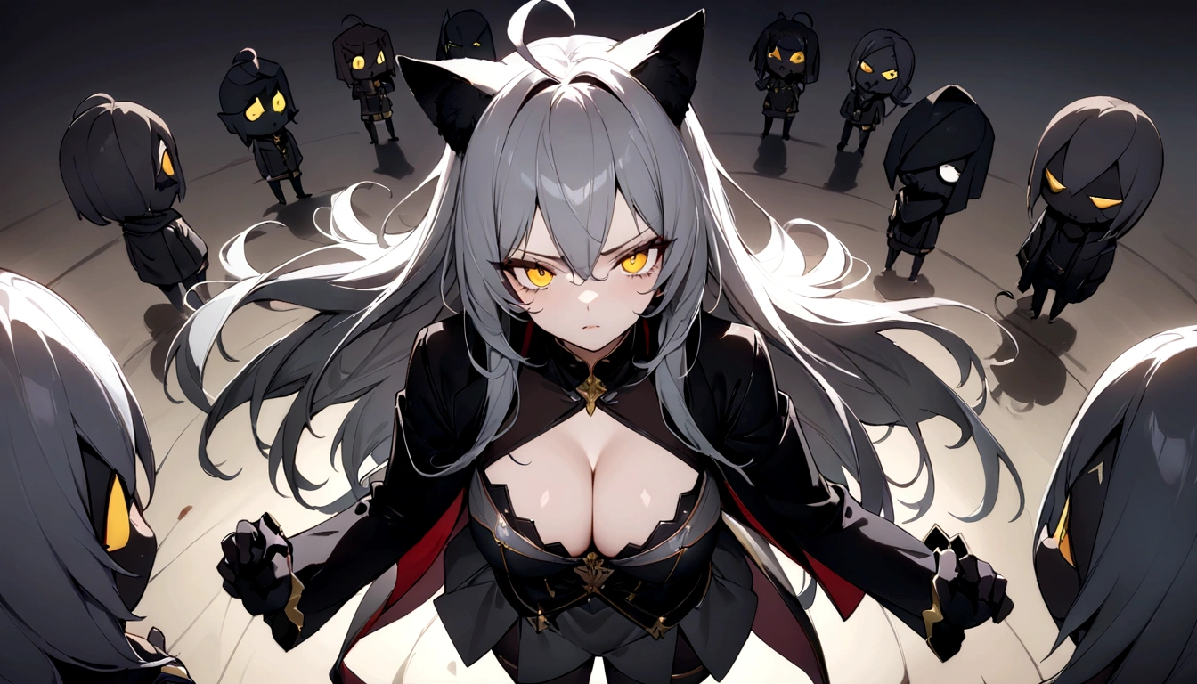 Pitch blackな部屋、Exquisite shadow expression、Pitch black、darkness、Surrounded by enemies、(masterpiece, best quality:1.2), 1girl, 独奏、Gray cat ears、Point your gun at us、Grey long hair、Ahoge、Yellow Eyes、Gray cat ears、Background of military bases、Fisheye Lens、battlefield、Shadows of light and darkness、Expressionless、Grim face、battle、Black knee socks、Cleavage、 