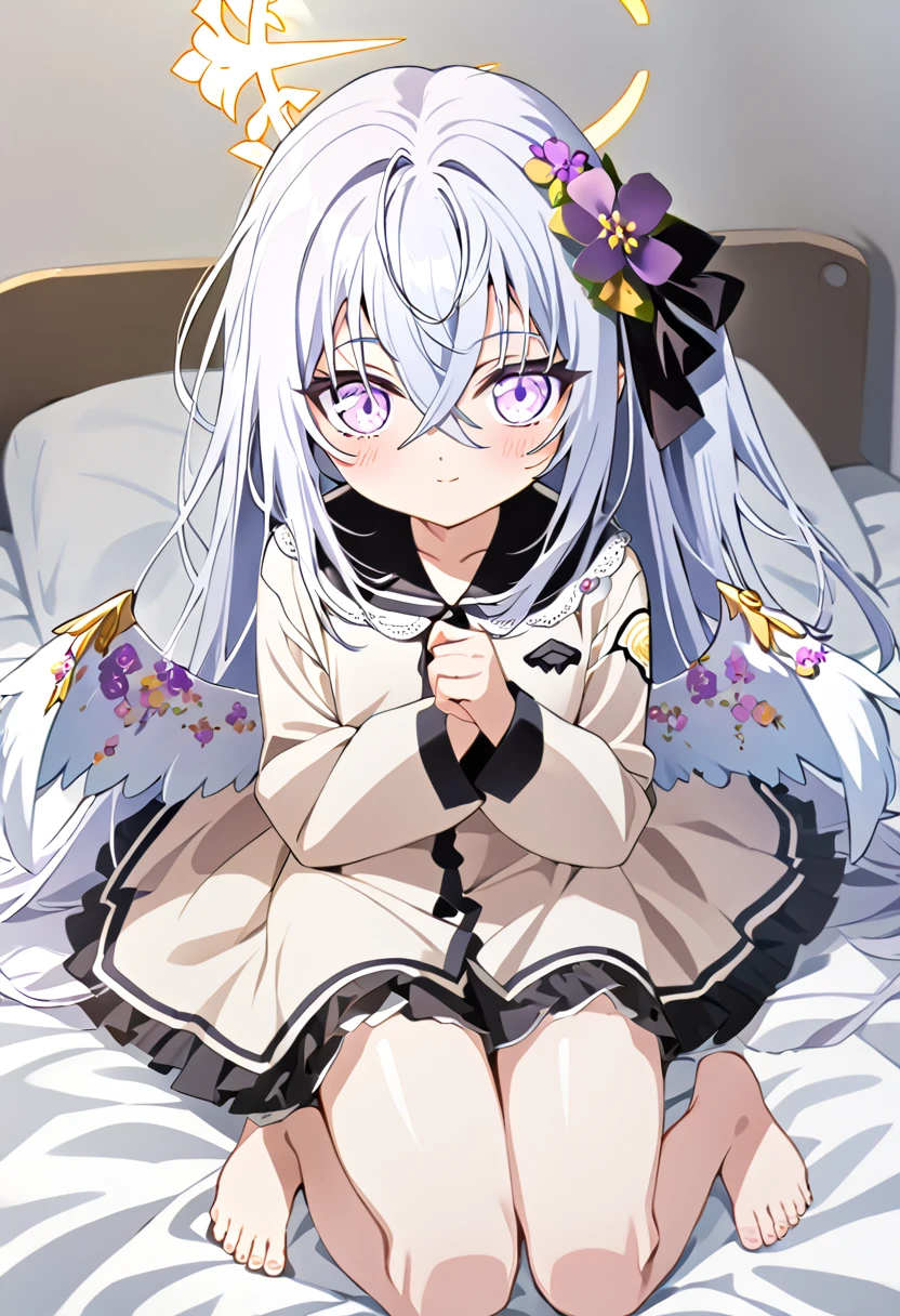 azusa \(blue archive\), 1girl alternate_costume angel_wings barefoot black_pajamas blanket crossed_bangs feathered_wings feet halo kneeling long_hair on_bed open_mouth pajamas purple_eyes sidelocks smile solo toes under_covers very_long_hair white_hair wings