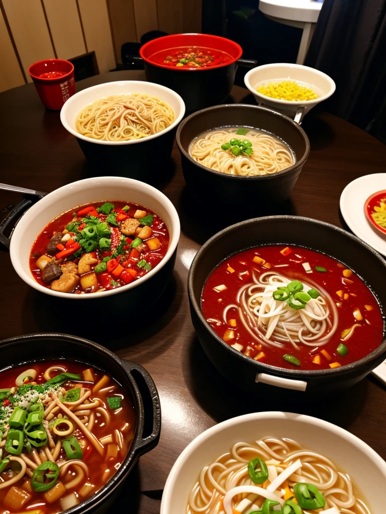 Two pots on the fire、A lot of noodles、Red soup、Chili pepper、