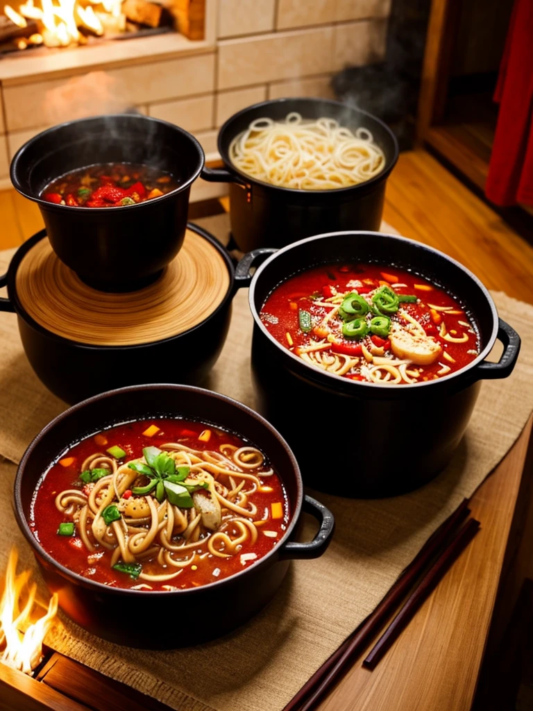 Two pots on the fire、A lot of noodles、Red soup、Chili pepper、