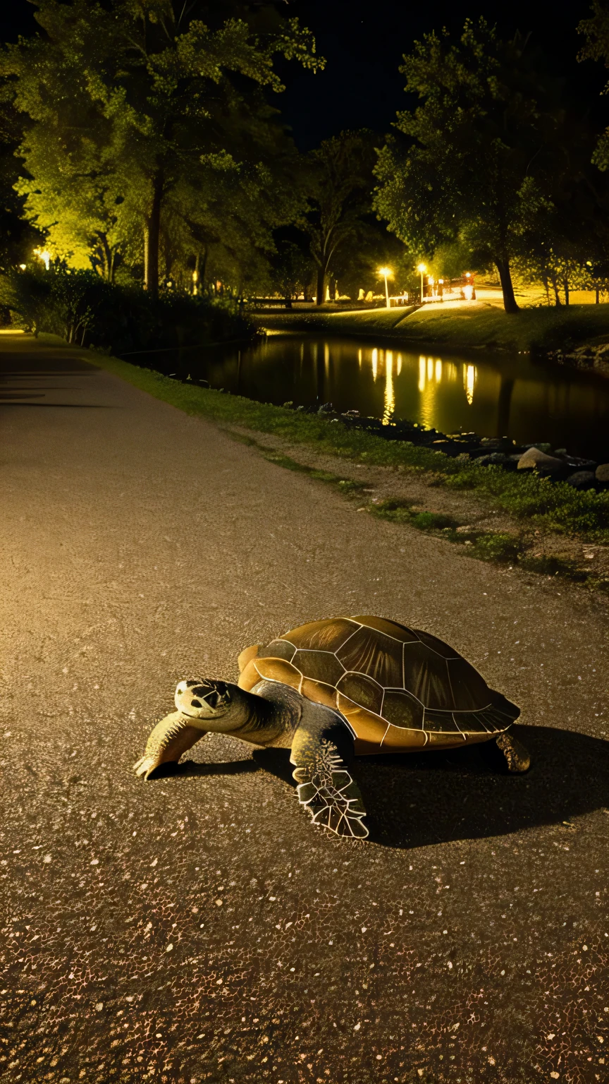 turtle crawling at night along the bank of a river 