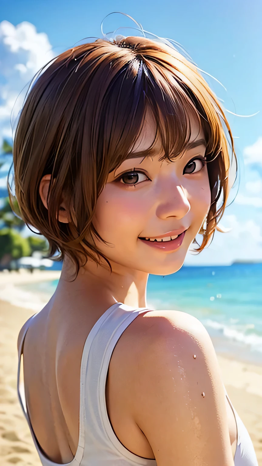 highest quality、Realistic、zoom、Chestnut Hair、Gray Eyes、short hair、One piece swimsuit、Sunburned、Tan、Brown Skin、Sweat、smile、、Ocean、Chubby