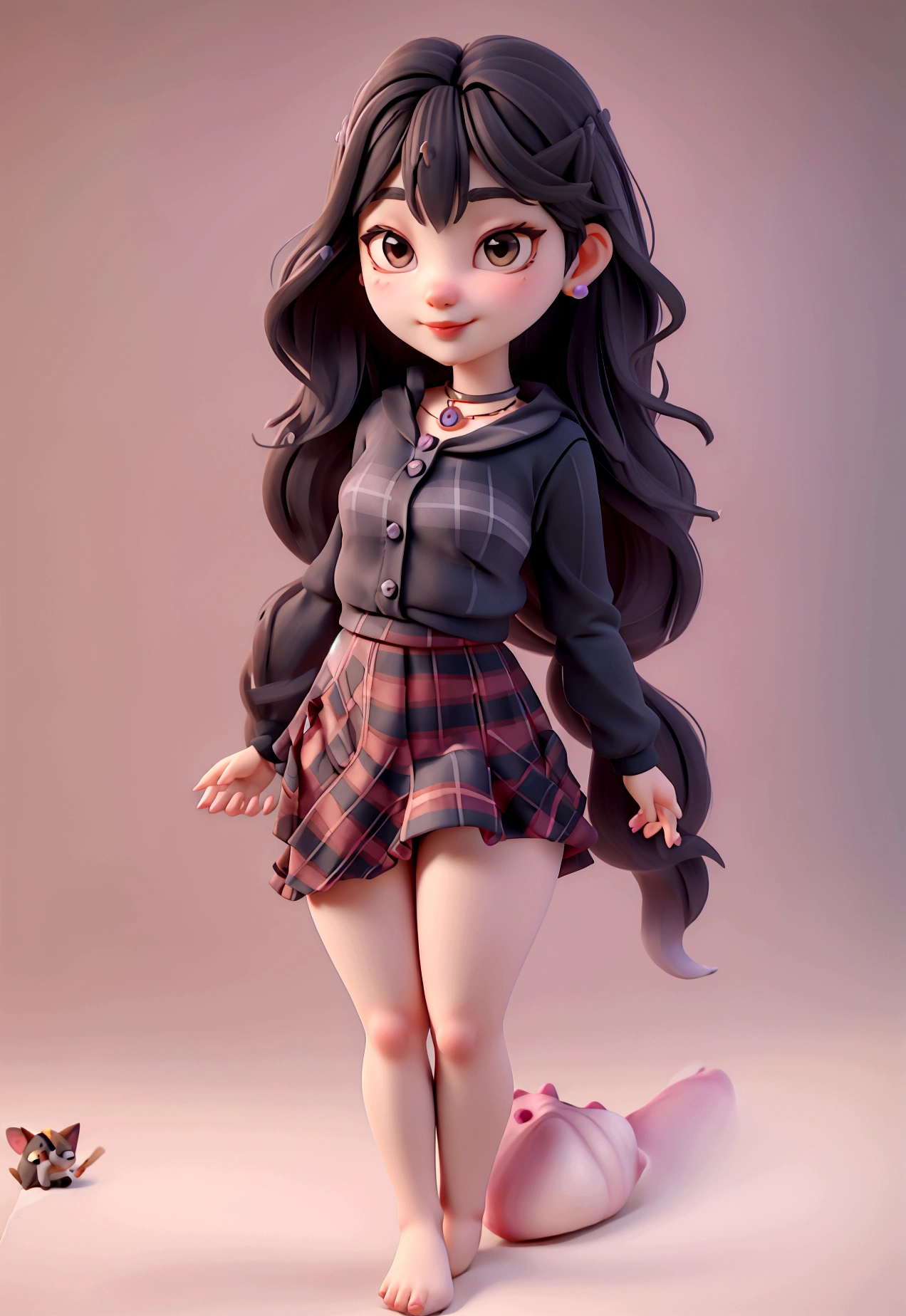 create a 3d avatar of a woman in a Pixar-style animation: Skin: Fair. Height: . thick Body: big , thick thighs, Slim waist Hair: Light brown, straight, very long, with bangs. Eyes: Large, light brown, with eyeliner. Lips: Small, with red lipstick. Nose: Small, narrow, and fine. Cheeks: Medium, rosy. Chin: Small and round. Outfit: rosy shirt, black jacket, red Plaid skirt, dark pantyhose Accessories: Earrings and cat-sharped necklace. she have a Shy and cute smile (long hair)