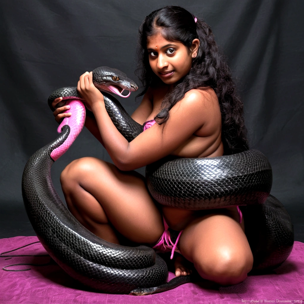 Topless Pink g-string Happy Horny, aroused 1girl), beautiful kneeling indian girl with giant colossal black anaconda monster squeezing her hard, wrapped in thick spiraling coils, constricted, struggle, gasping for air, snake attack, snake peril, moonless night, dim light
