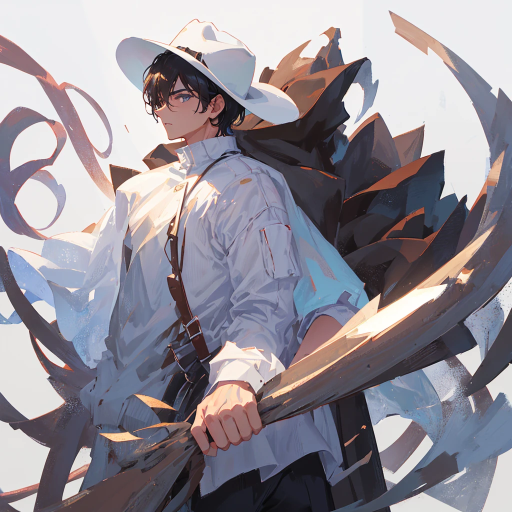 male,Wearing a white shirt,Black short hair,Wearing a brown cowboy hat,Handsome,Cold,((Pure white background))