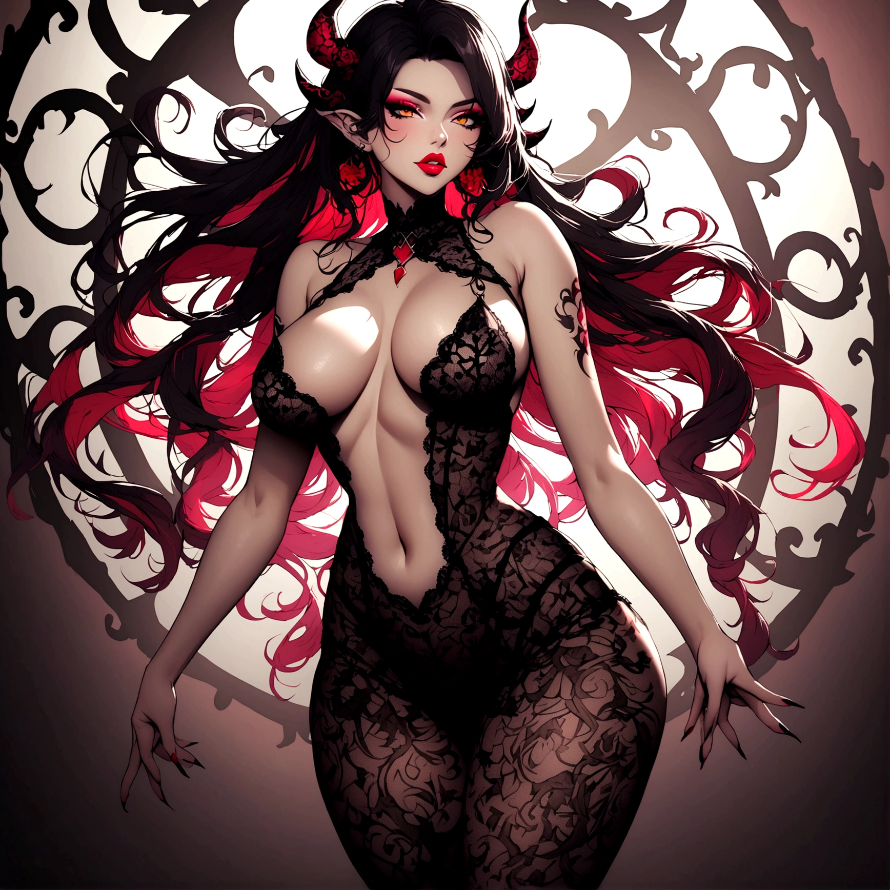 Create an image of the most stunningly gorgeous beautiful perfect sexy tattooed demon of lust, high detailed sexy stunning face, perfect makeup, large lips, lipstick,beautiful perfect body, sexy lace lingerie dress, long luscious hair, perfect breasts, thin waist, curved hips, detailed silky smooth skin,