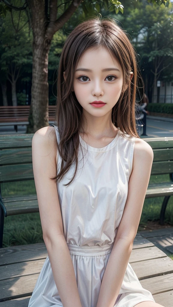 (Beautiful girl sitting on a park bench), (Beautiful face, Baby , Slender body line, Small and slender figure, ((looking down with a sad expression)), (Detailed eyes and face:1.2, Professional photography techniques), (Highest quality, 8K, masterpiece:1.2, RAW Photos)