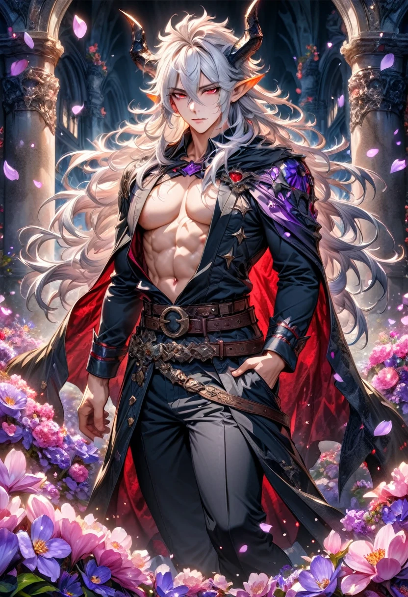 absurdres, highres, ultra detailed, HDR, master piece, best quality, Krozerus, white hair, spiked and messy hair, long hair, hair between the eyes, expressive red eyes, Dream and Legacy, solo, sexy man, handsome, demon, slightly pointed ears, black horns, black cape, bare chest, belt around his chest, fantasy, shining, purple flowers, blossoms, magical, purple petals