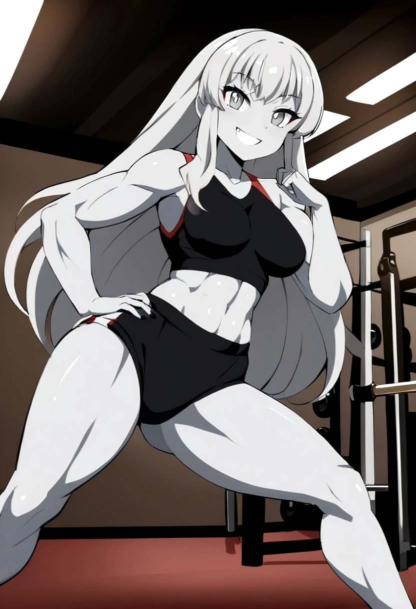 anime style girl 1,70 long light gray hair gray skin shark teeth and gray eyes and light gray pupils very thick and strong legs but no breasts posing to see her legs in the gym while smiling widely like crazy while wearing a gray jacket and tight colored lycra black