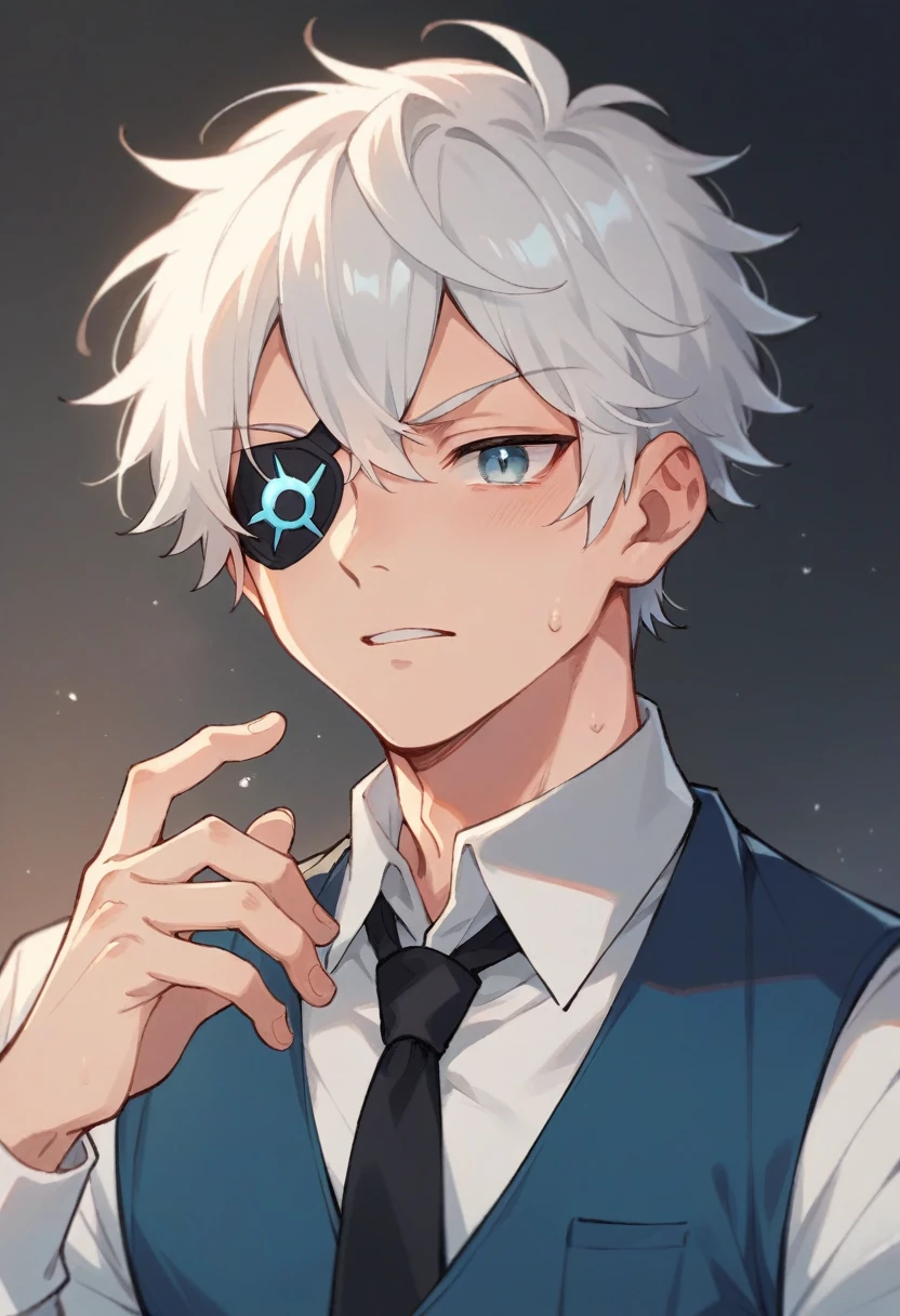 Boy with short, straight white hair, he has ice-colored eyes and wears a white eye patch on his left eye.. Make Him Wear a White Shirt with a Blue Vest Closed in the Front and a Black Ribbon Tie.