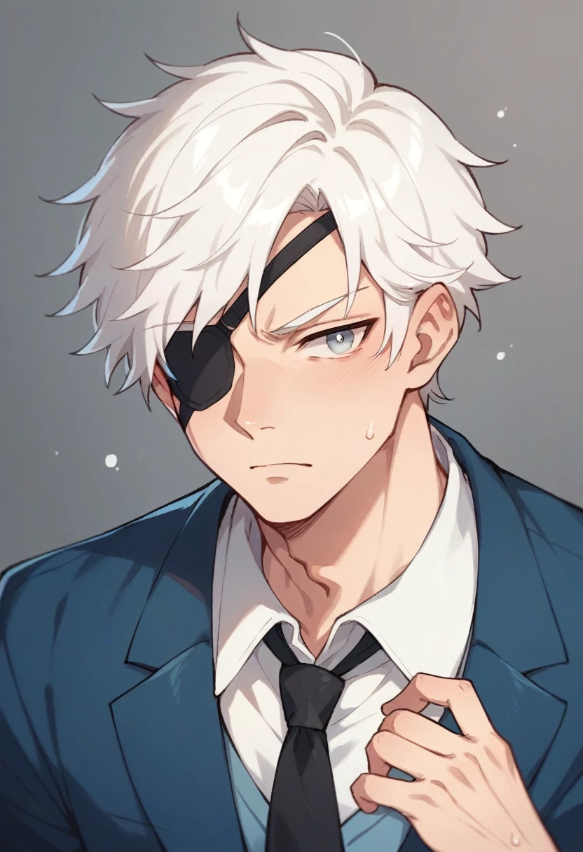 Boy with short, straight white hair, he has ice-colored eyes and wears a white eye patch on his left eye.. Make Him Wear a White Shirt with a Blue Vest Closed in the Front and a Black Ribbon Tie.