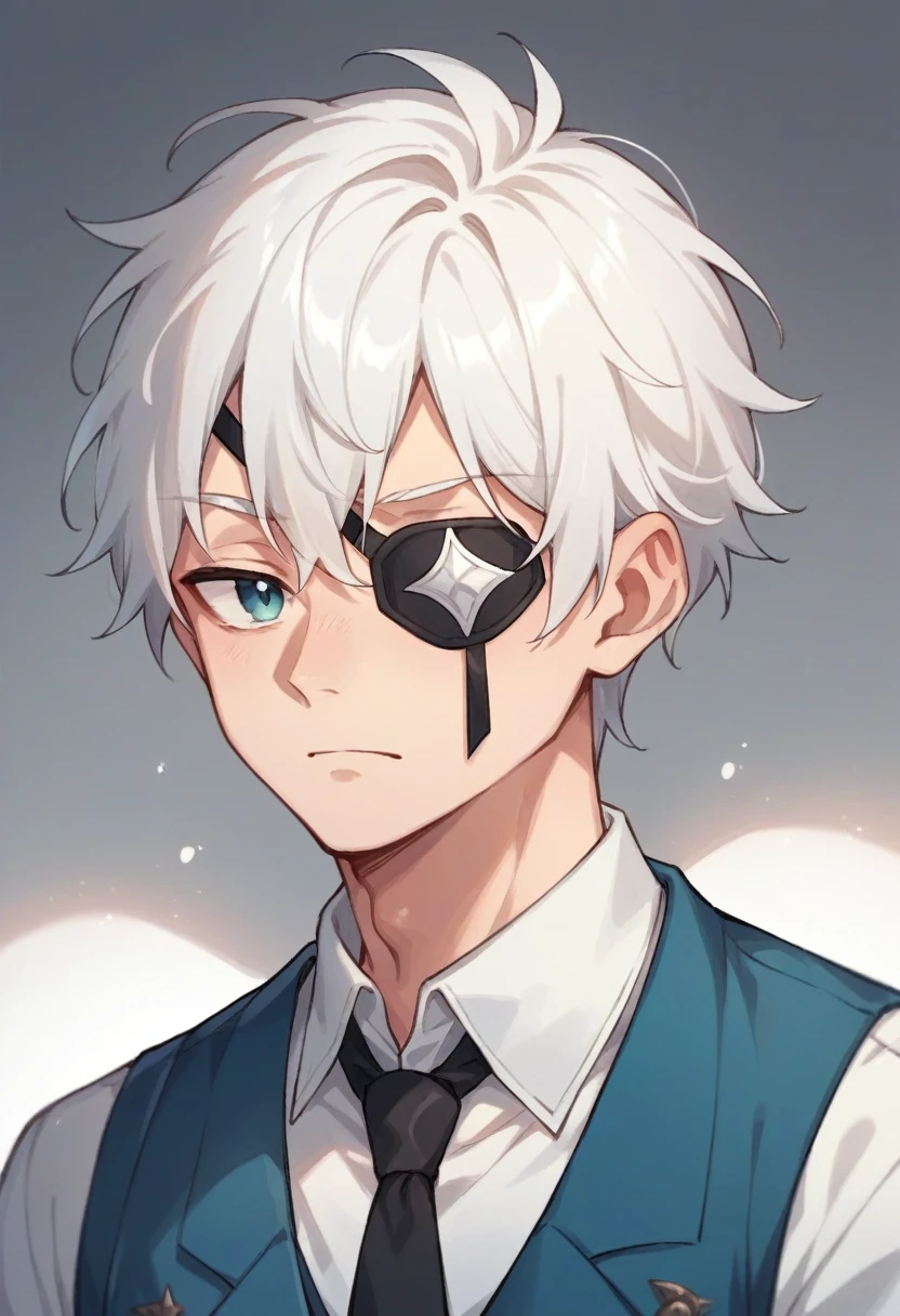 Boy with short, straight white hair, he has ice-colored eyes and wears a white eye patch on his left eye.. Make Him Wear a White Shirt with a Blue Vest Closed in the Front and a Black Ribbon Tie.