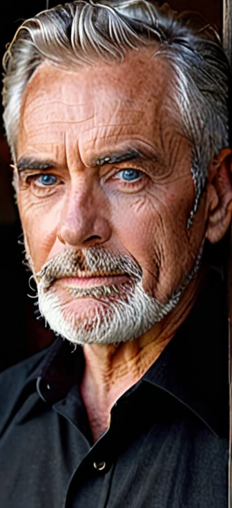old man with short well-groomed gray hair, defined mature face with wrinkles, neatly trimmed gray beard covering chin and cheeks, piercing blue eyes with serious confident expression, wearing black collared shirt, elegant and sophisticated