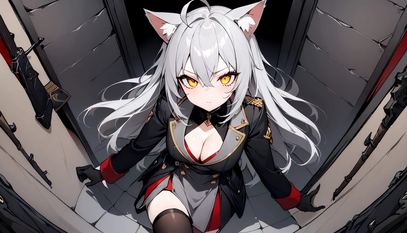 Pitch blackな部屋、Exquisite shadow expression、Pitch black、darkness、Surrounded by enemies、(masterpiece, best quality:1.2), 1girl, 独奏、Gray cat ears、Point your gun at us、Grey long hair、Ahoge、Yellow Eyes、Gray cat ears、Background of military bases、Fisheye Lens、battlefield、Shadows of light and darkness、Expressionless、Grim face、battle、Black knee socks、Cleavage、