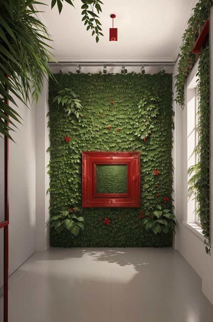 " 3D text artwork displaying the word 'SANTOSH' in white letters, surrounded by lush green foliage and leaves. The letters appear to be emerging from or covered by various types of plants, including heart-shaped leaves and trailing vines. Above the text, there's an explosion of colorful smoke or powder in green, yellow, and red hues. The entire composition is set within a square white frame against a light gray background, creating a modern and vibrant wall art effect. The image should have a photorealistic quality with sharp details and dramatic lighting."