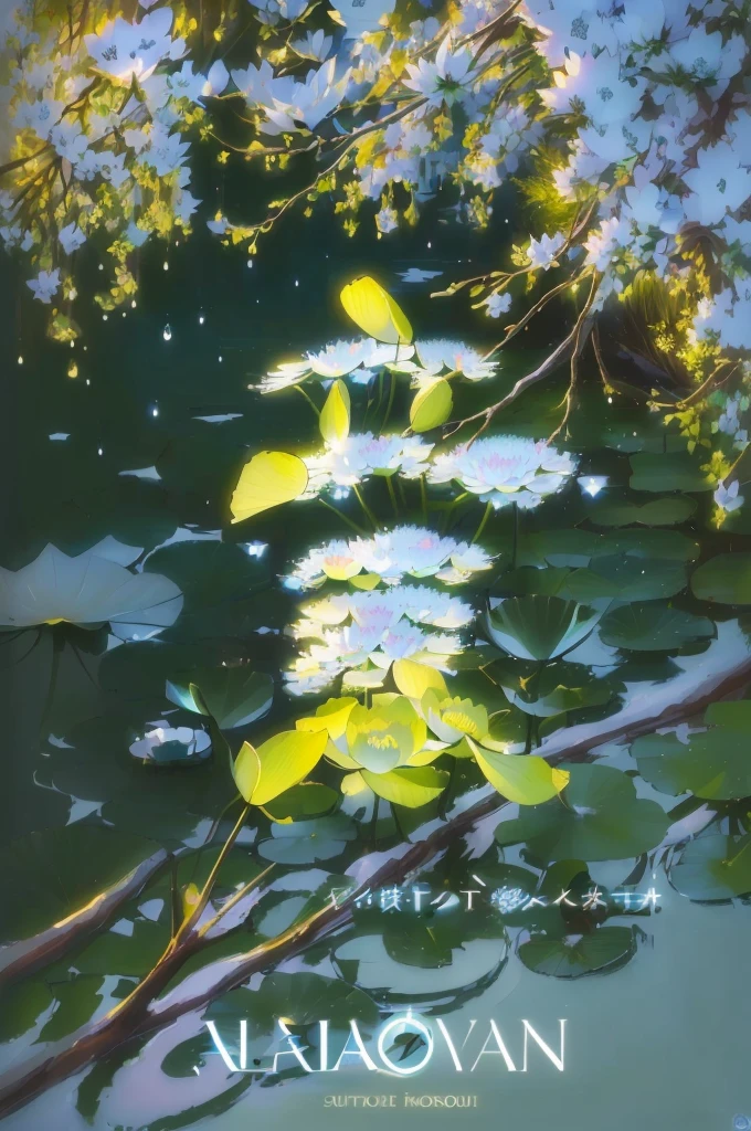 night, the lotus pond during the summer solstice is beautiful, wonderland, waterdrop on lotus, quite night, made with anime painter studio, light waterdrops, glowing waterdrops, glowing lotus, inspired by Kaigetsudō Ando, soft light of summer night, blue like sky, dark, by makoto shinkai, glowing lights! digital painting, soft blue glow