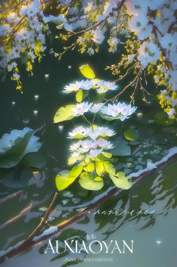 night, the lotus pond during the summer solstice is beautiful, wonderland, waterdrop on lotus, quite night, made with anime painter studio, light waterdrops, glowing waterdrops, glowing lotus, inspired by Kaigetsudō Ando, soft light of summer night, blue like sky, dark, by makoto shinkai, glowing lights! digital painting, soft blue glow