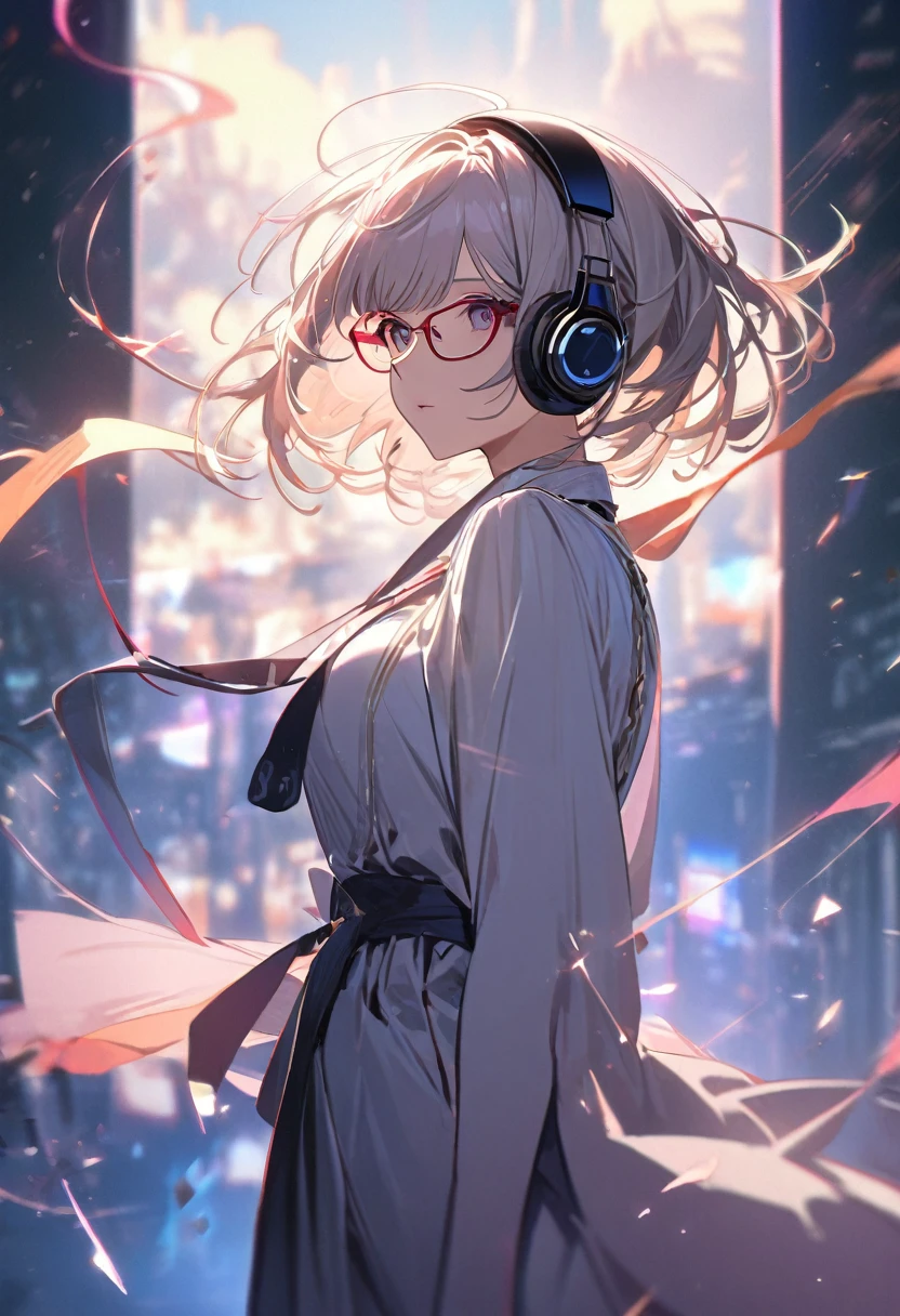 (extremely detailed fine touch:1.3), 2D, front shot, (super very white short hair:1.3), blunt bangs, (((underrim glasses:1.3))), (headphones:1.3), A divine female angel in a white flowing gown in heaven, Glow-effect, Slow Motion, Particle, feather