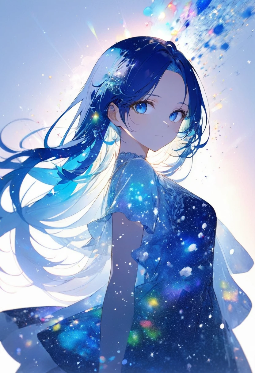 16k, (double exposure:1.05 silhouette: 1.1) (many detailed particles light) (background is exposure:1.1 many:1.4 Particles Colorful Light), wearing layered one piece dress, frontale forehead blue hair long hair lovely blue eyes girl.